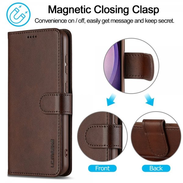 Lc.Imeeke Samsung Galaxy S25 Fodral med Kortfack Stativfunktion Mörkbrun