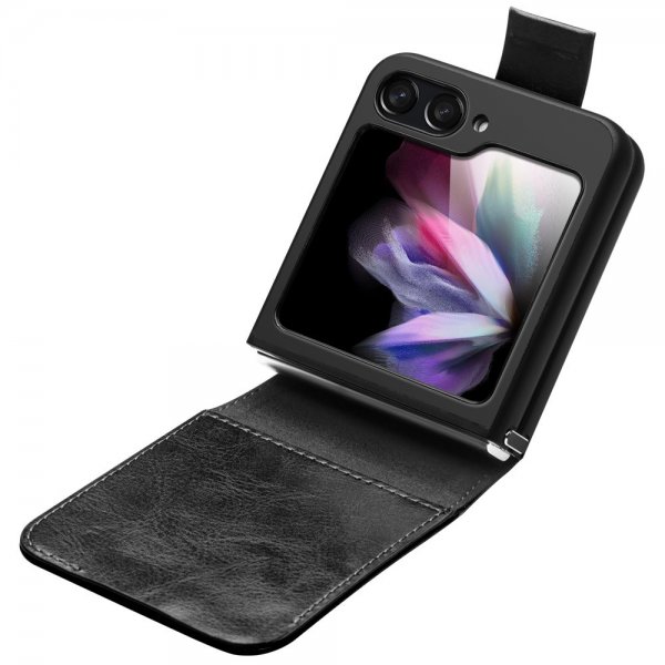 Qialino Samsung Galaxy Z Flip 5 Fodral Äkta Läder Svart