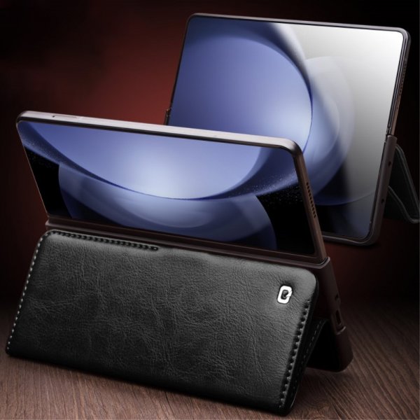 Qialino Samsung Galaxy Z Fold 5 Fodral Äkta Läder Svart