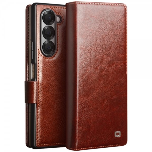 Qialino Samsung Galaxy Z Fold 6 Fodral Äkta Läder Brun