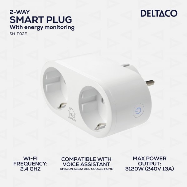 Deltaco Smart Home Smart Plug med dubbla uttag och energiövervakning