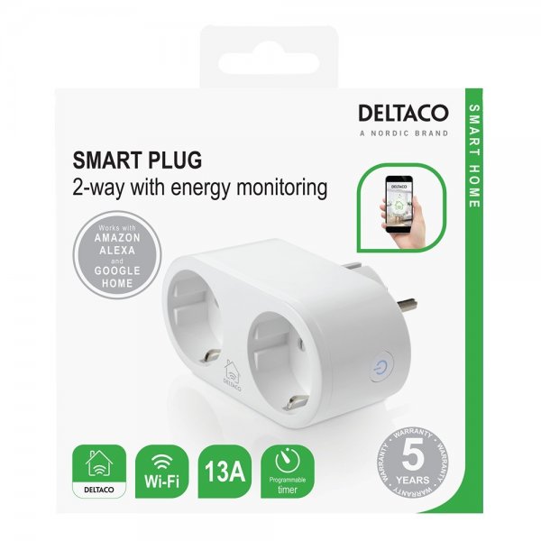 Deltaco Smart Home Smart Plug med dubbla uttag och energiövervakning