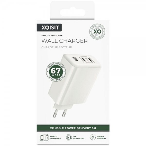 Xqisit Snabbladdare 2xUSB-C PD 3.0 GaN 67W Vit