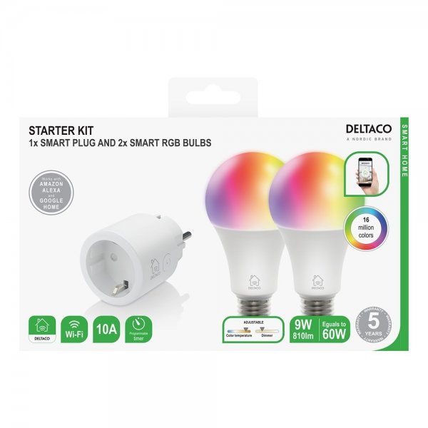 Deltaco Smart Home Starter Kit med Smart Plug och 2 RGB LED-lampor