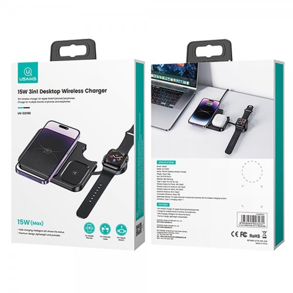 USAMS Trådlös Laddare 15W 3in1 Desktop Wireless Charger