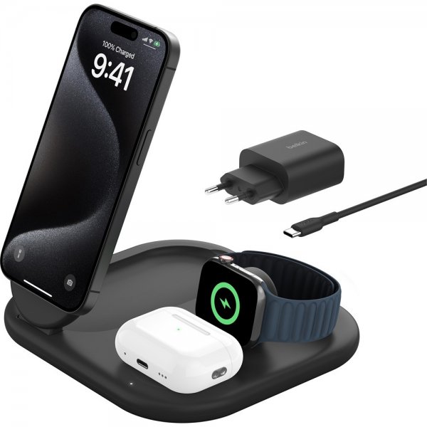 Belkin Trådlös Laddare BoostCharge 3-in-1 Foldable MagSafe Qi2 15W Svart