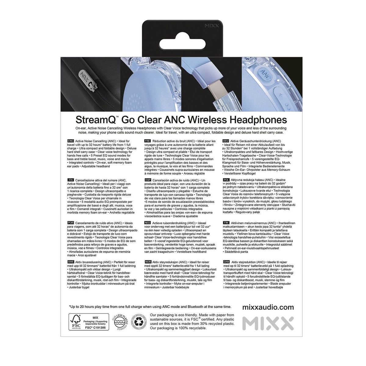 Mixx Trådlösa On-Ear Hörlurar StreamQ Go ANC Clear Blå