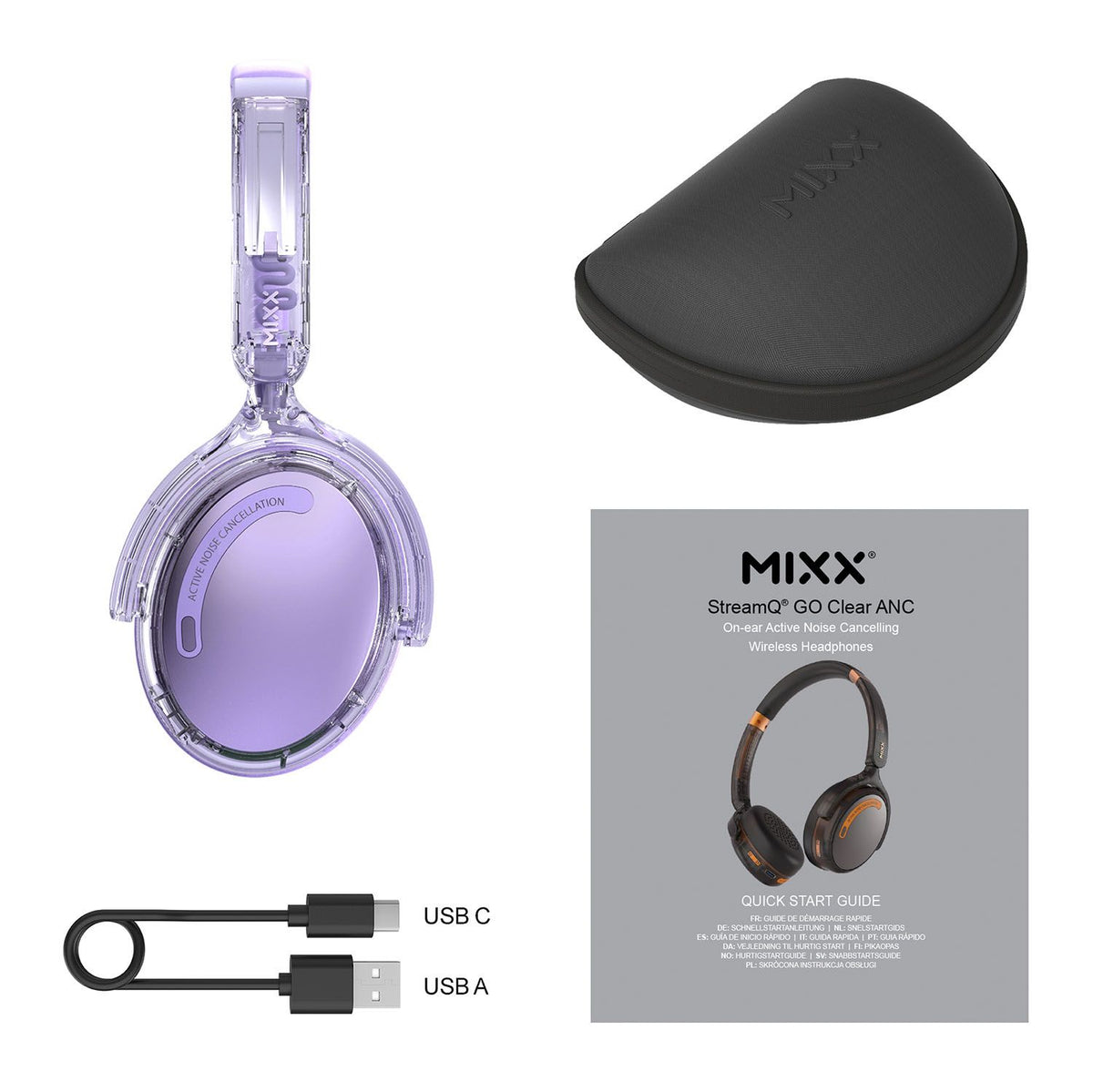 Mixx Trådlösa On-Ear Hörlurar StreamQ Go ANC Clear Lila