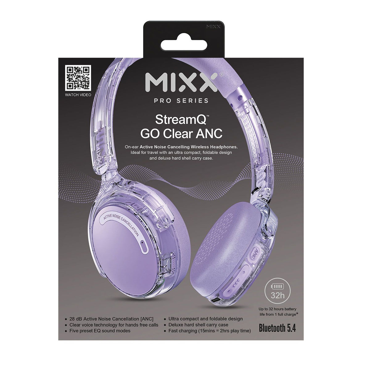 Mixx Trådlösa On-Ear Hörlurar StreamQ Go ANC Clear Lila