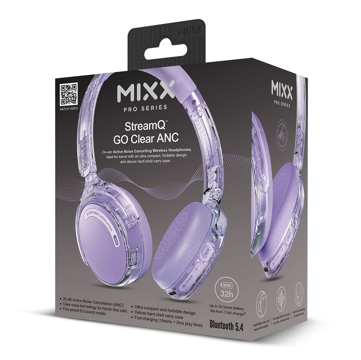 Mixx Trådlösa On-Ear Hörlurar StreamQ Go ANC Clear Lila
