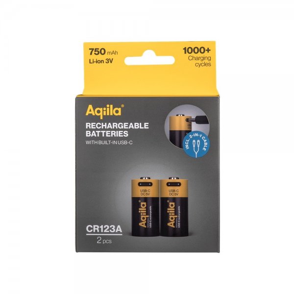 Aqiila Uppladdningsbart CR123A-batteri USB-C 2-pack