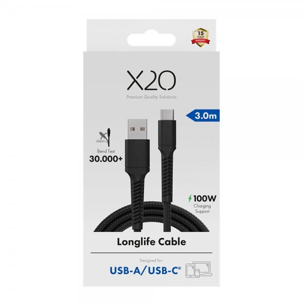 X2O USB-A till USB-C Kabel Longlife 60W 3m Svart