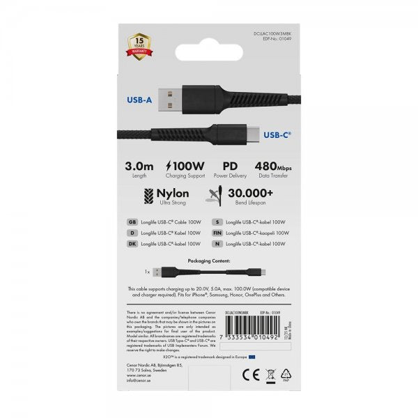 X2O USB-A till USB-C Kabel Longlife 60W 3m Svart