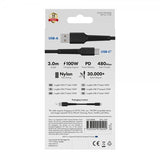 X2O USB-A till USB-C Kabel Longlife 60W 3m Svart