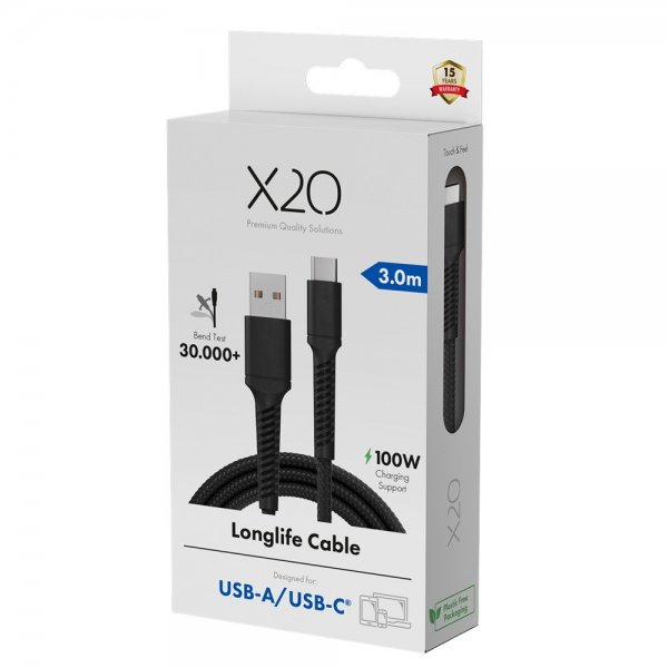 X2O USB-A till USB-C Kabel Longlife 60W 3m Svart