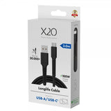 X2O USB-A till USB-C Kabel Longlife 60W 3m Svart