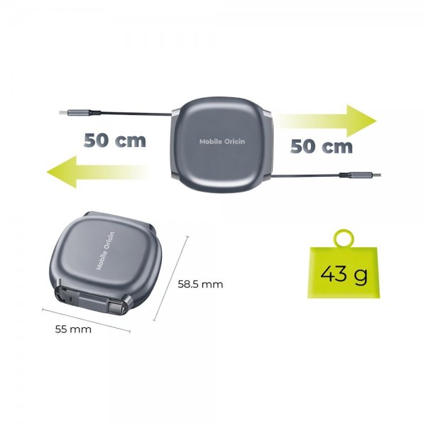 Mobile Origin USB-C Kabel 100W Retractable Cable Box Grå