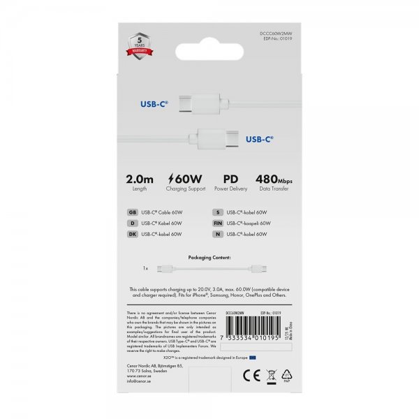 X2O USB-C till USB-C Kabel Basic 60W 2m Vit