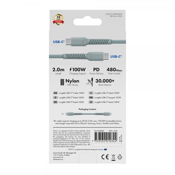 X2O USB-C till USB-C Kabel Longlife 100W 2m Blå