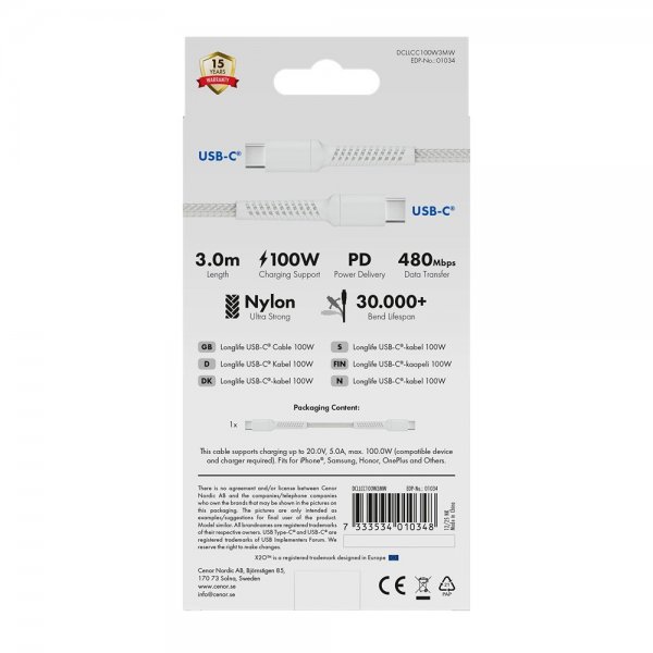 X2O USB-C till USB-C Kabel Longlife 100W 3m Vit