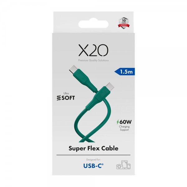 X2O USB-C till USB-C Kabel Superflex 60W 1.5m Grön
