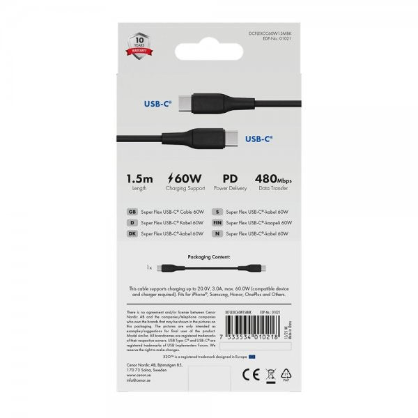 X2O USB-C till USB-C Kabel Superflex 60W 1.5m Svart