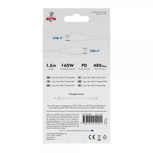 X2O USB-C till USB-C Kabel Superflex 60W 1.5m Vit