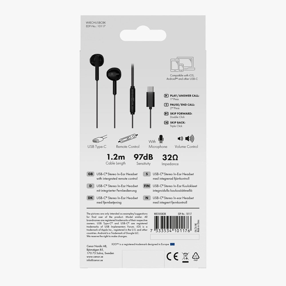 X2O Trådade Hörlurar USB-C Capsule 1.2m Svart