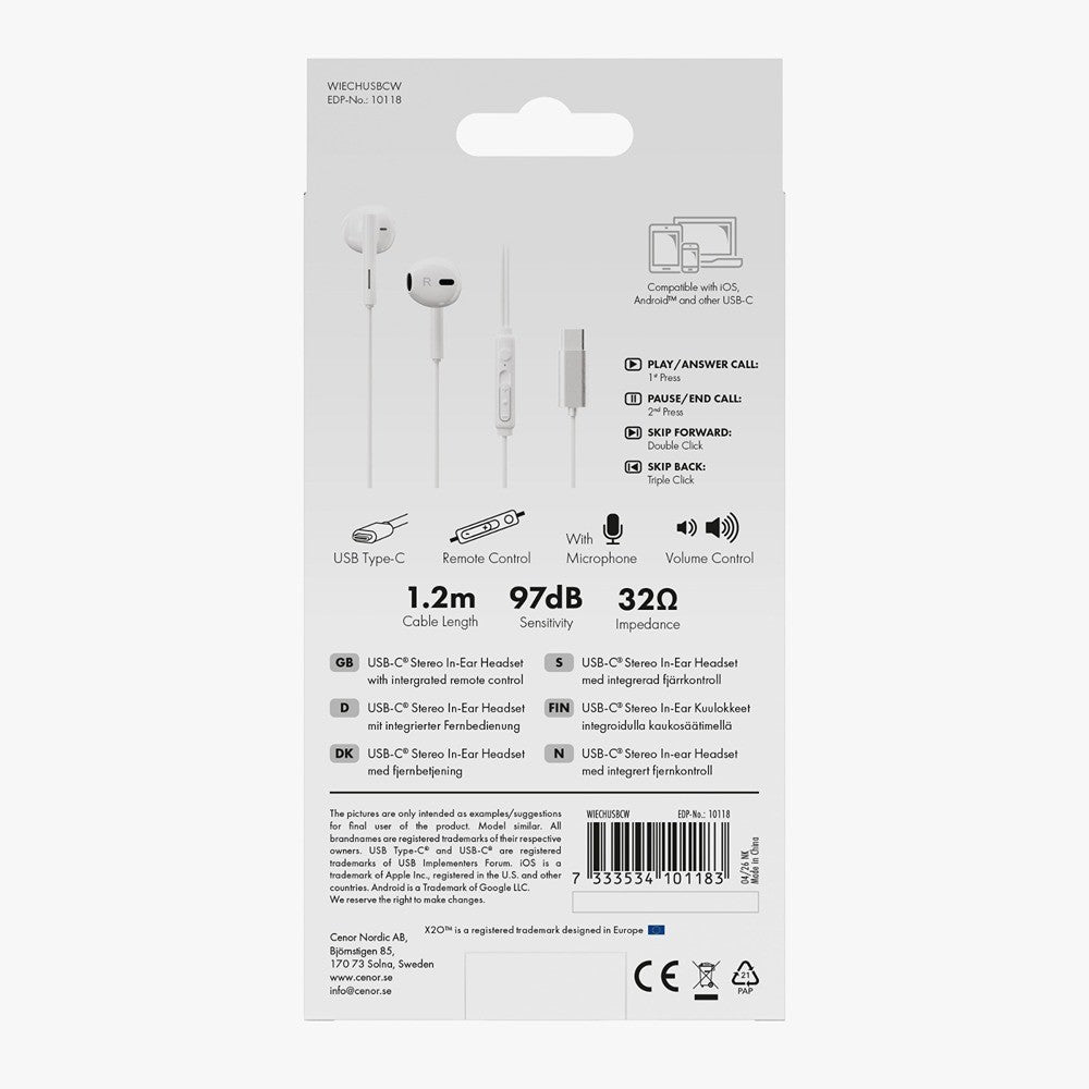 X2O Trådade Hörlurar USB-C Capsule 1.2m Vit