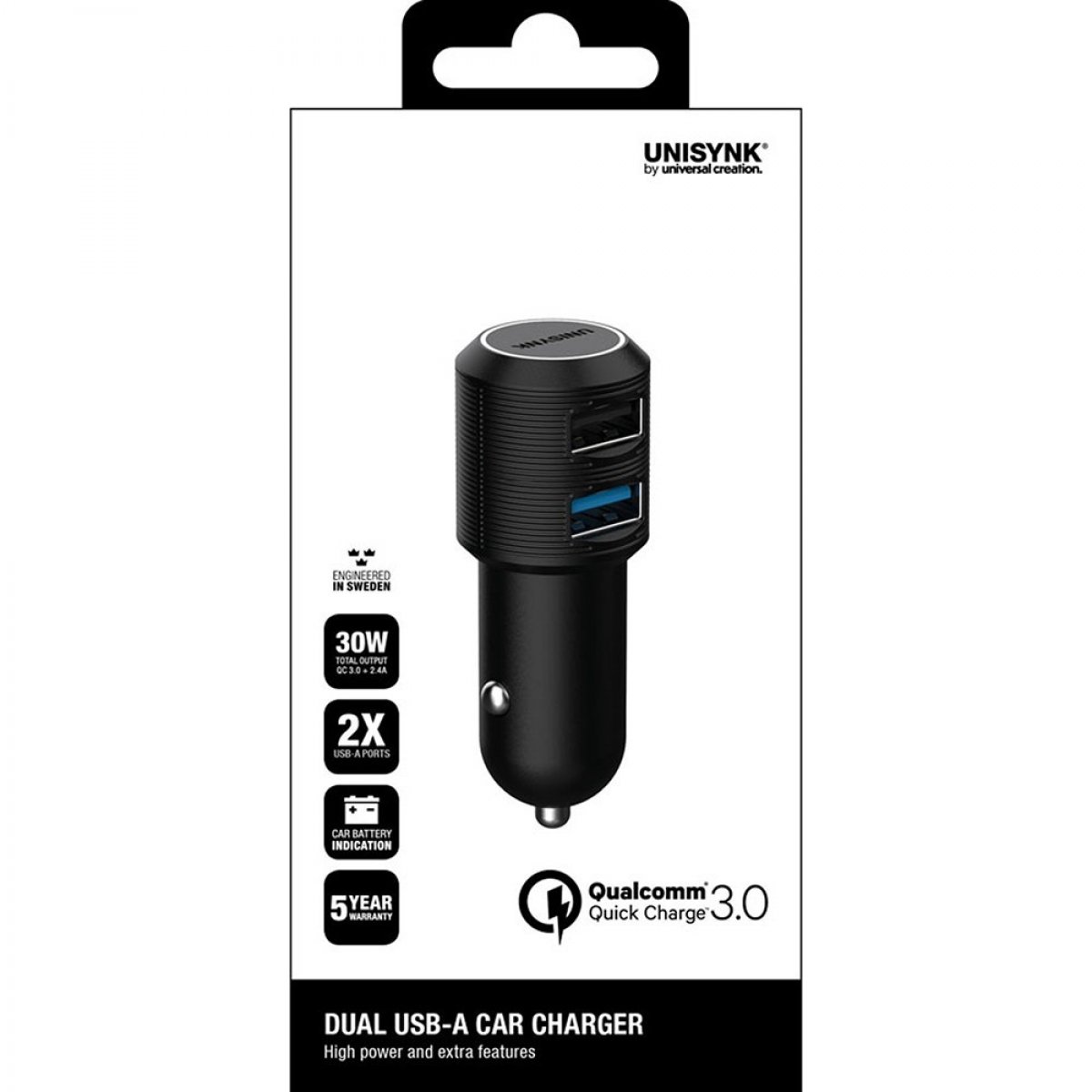 Unisynk 2x USB-A Bil lader 30W QC3 | SkalHuset.no