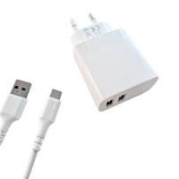 Laddare 2xUSB 3.4A Vit USB-C Kabel 1m