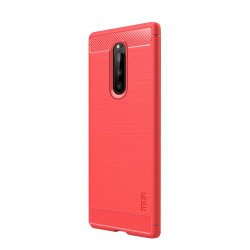Sony Xperia 1 Skal Borstad Kolfibertextur TPU Röd
