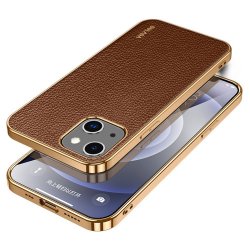 iPhone 14 Skal Litchimönster Pläterad Kant Brun