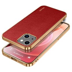 iPhone 14 Skal Litchimönster Pläterad Kant Röd