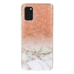 Samsung Galaxy A41 Skal Motiv Vit Marmor Rosa Glitter