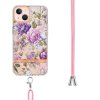 iPhone 15 Plus Skal Blommönster med Strap Lila Pion