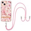 iPhone 15 Plus Skal Blommönster med Strap Rosa Gardenia