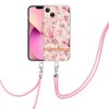 iPhone 15 Plus Skal Blommönster med Strap Rosa Gardenia