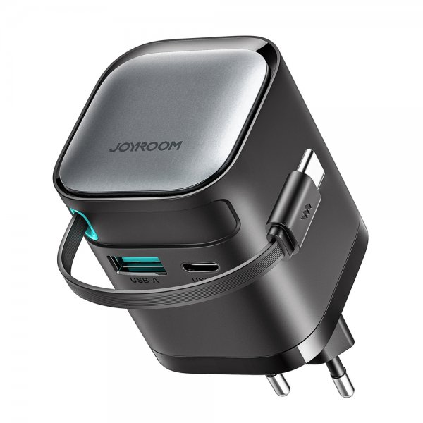 65W Väggladdare med inbyggd USB-C kabel & USB-A/USB-C uttag Svart