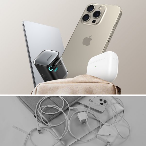 65W Väggladdare med inbyggd USB-C kabel & USB-A/USB-C uttag Svart