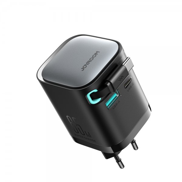65W Väggladdare med inbyggd USB-C kabel & USB-A/USB-C uttag Svart