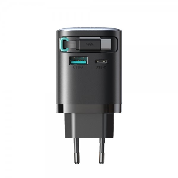 65W Väggladdare med inbyggd USB-C kabel & USB-A/USB-C uttag Svart