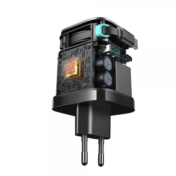 65W Väggladdare med inbyggd USB-C kabel & USB-A/USB-C uttag Svart