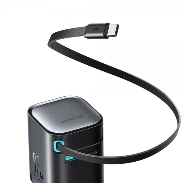 65W Väggladdare med inbyggd USB-C kabel & USB-A/USB-C uttag Svart