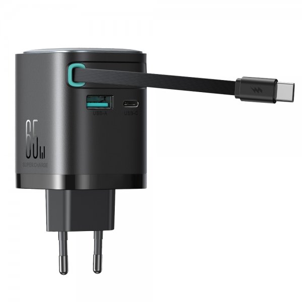 65W Väggladdare med inbyggd USB-C kabel & USB-A/USB-C uttag Svart