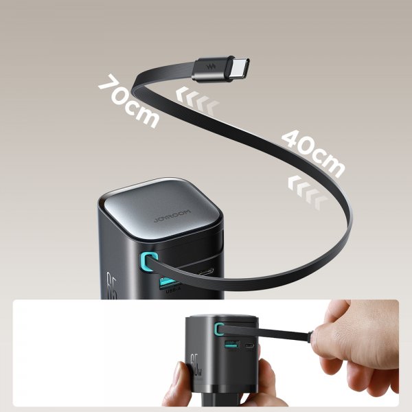 65W Väggladdare med inbyggd USB-C kabel & USB-A/USB-C uttag Svart