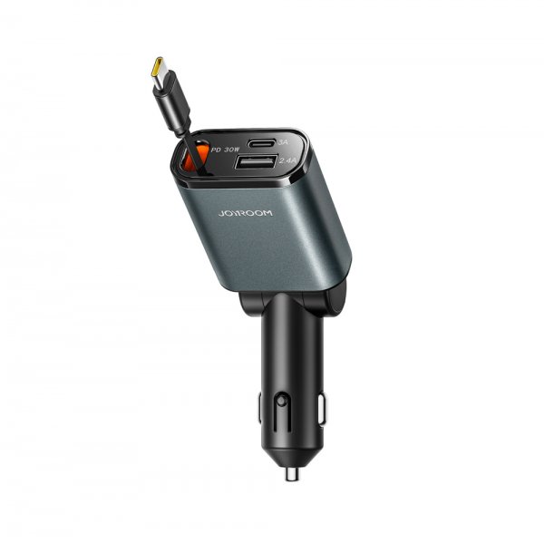 45W Billaddare med inbyggd USB-C kabel & USB-A/USB-C uttag Grå