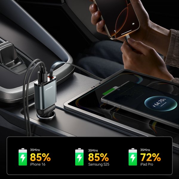 45W Billaddare med inbyggd USB-C kabel & USB-A/USB-C uttag Grå