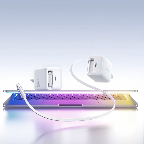 67W Väggladdare med inbyggd USB-C kabel & USB-C uttag Vit