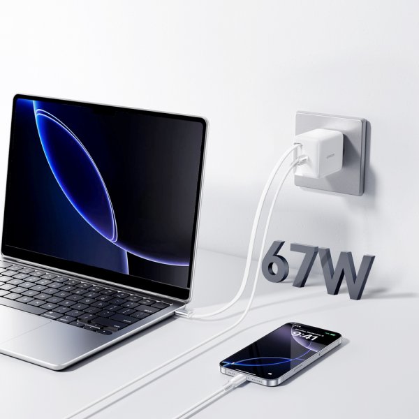 67W Väggladdare med inbyggd USB-C kabel & USB-C uttag Vit